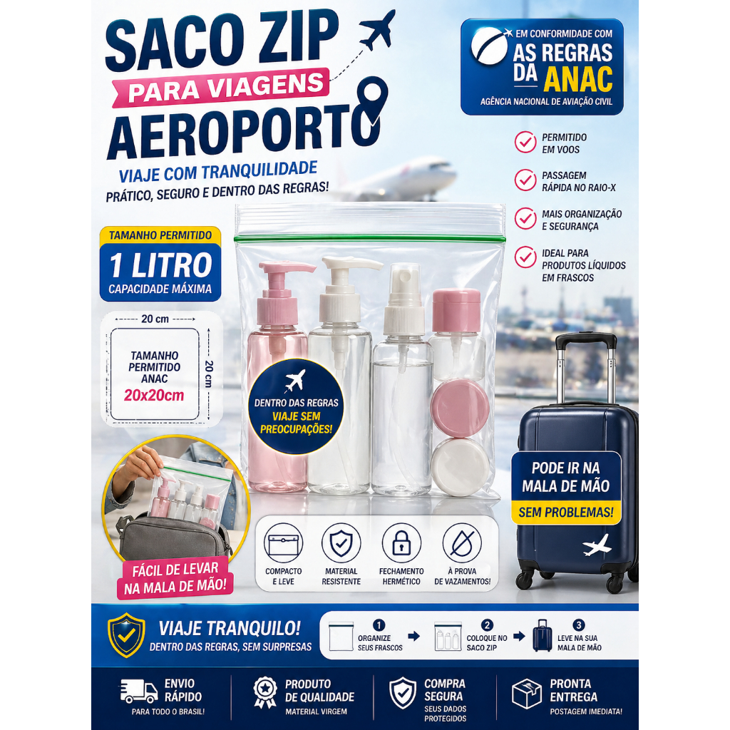 Saco Zip Viagem Avião ANAC 1 Litro 20x20 Mala De Mão Líquidos Transparente