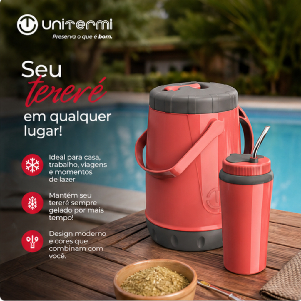 Kit Tereré Completo Copo Térmico 650mL + Garrafa Térmica Pavia 2.5L c canudo Inox + Cuia Unitermi cozinha Prático Mate