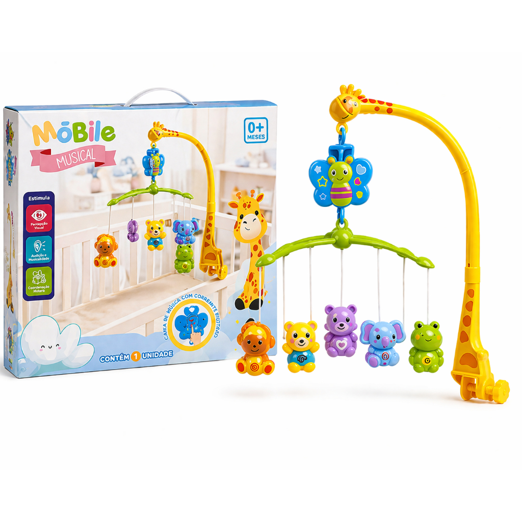 Móbile Musical Girafinha Com Som Giratório Brinquedo para Encaixar berço Cadeirão Bebê Interativo
