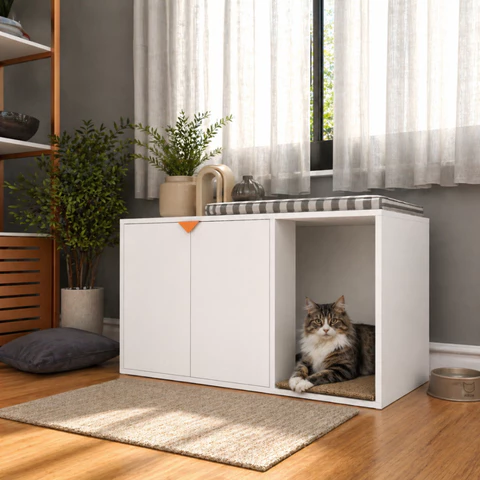 Caixa de Areia Fechada para Gato Sanitário Banheiro Box Cor Branco com Cobre
