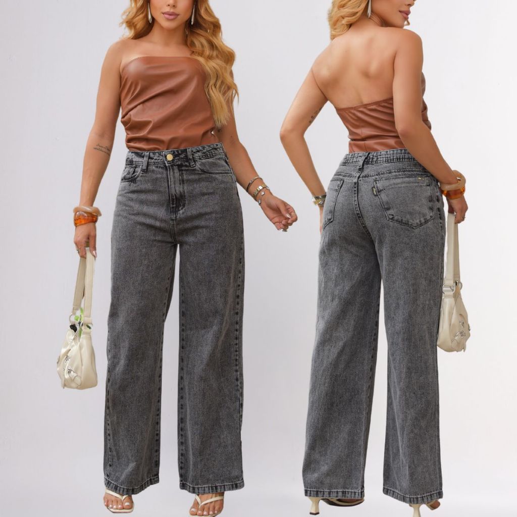 Calça Jeans Wide Leg Feminina PRETA MARMORIZADDA Cintura Alta Jeans Premium 100% Algodão | Até Tam 48 | SKAPE JEANS WEAR