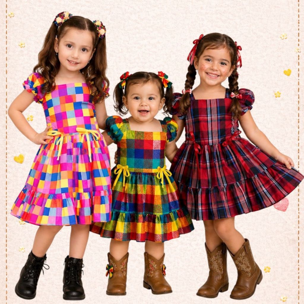 VESTIDO INFANTIL FESTA JUNINA MENINA CAIPIRA RODADO FEMININO QUADRILHA ARRAIÃ XADREZ APRESENTAÇÃ0