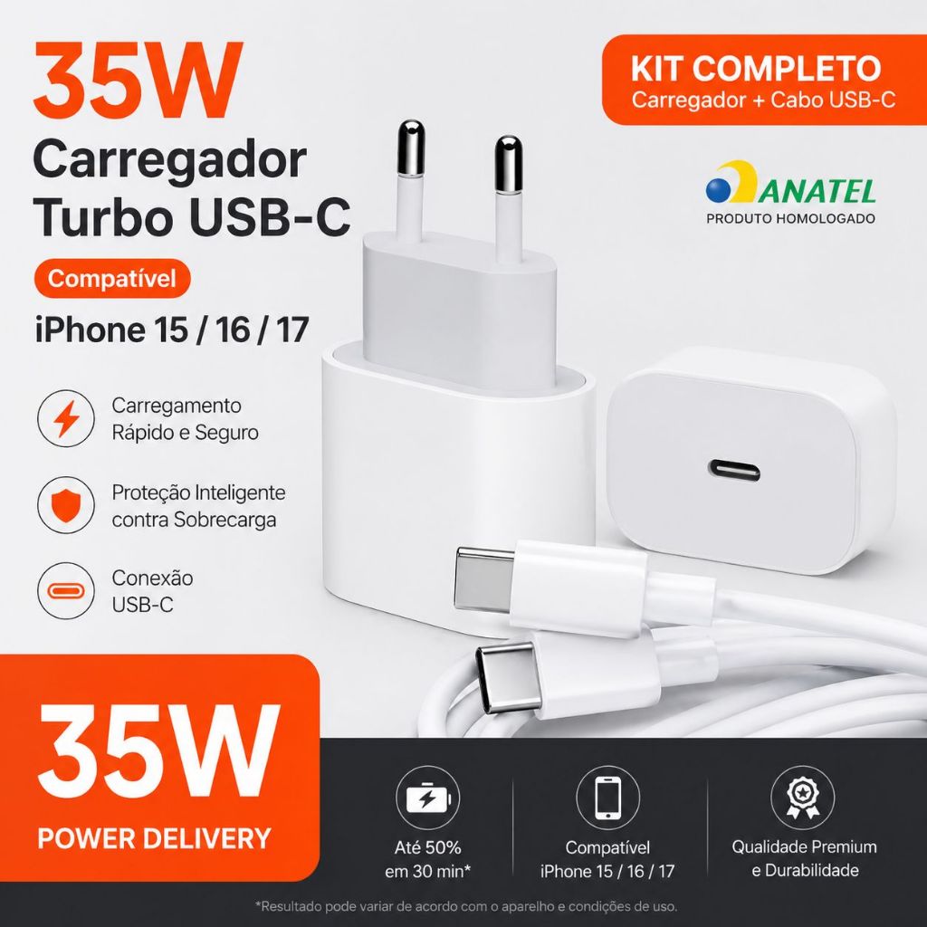 ORIGINAL IPHONE 15" / 16"/ 17"  Carregador 35w 15/16  Fonte 20W + Cabo iPhone 15w Usb-C 15  Pro Max Turbo TIPO C FOXCONN