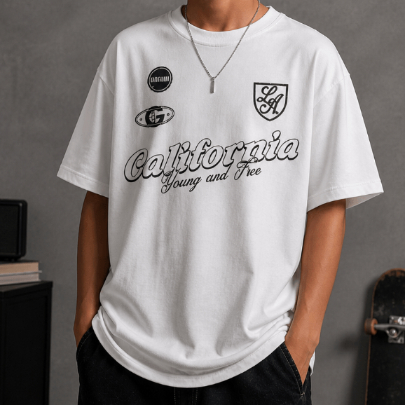 Camiseta Oversized Juvenil Masculina Estampada California LA Los Angeles Gola Premium Manga Curta Streetwear Camisa