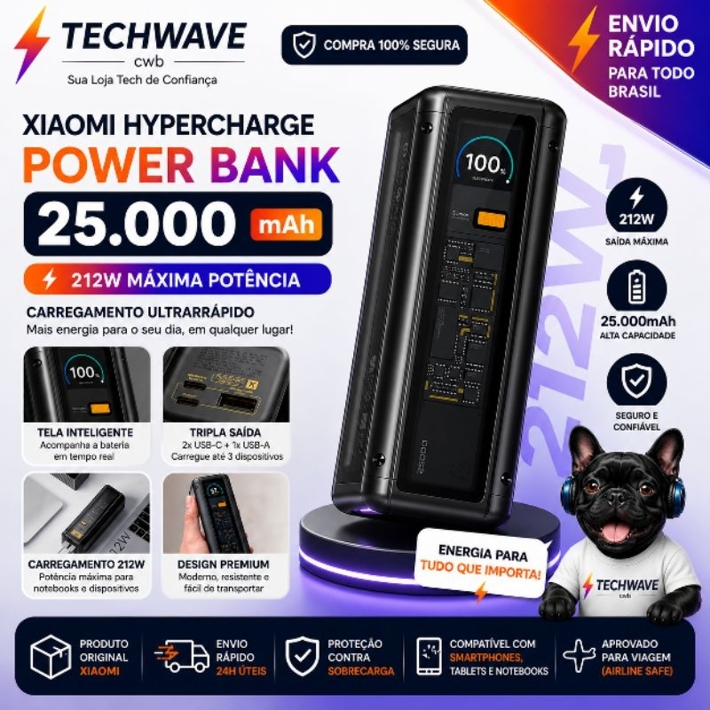 Xiaomi Power Bank CCC 25000mAh 212W Multiporta Carregamento Rápido Preto