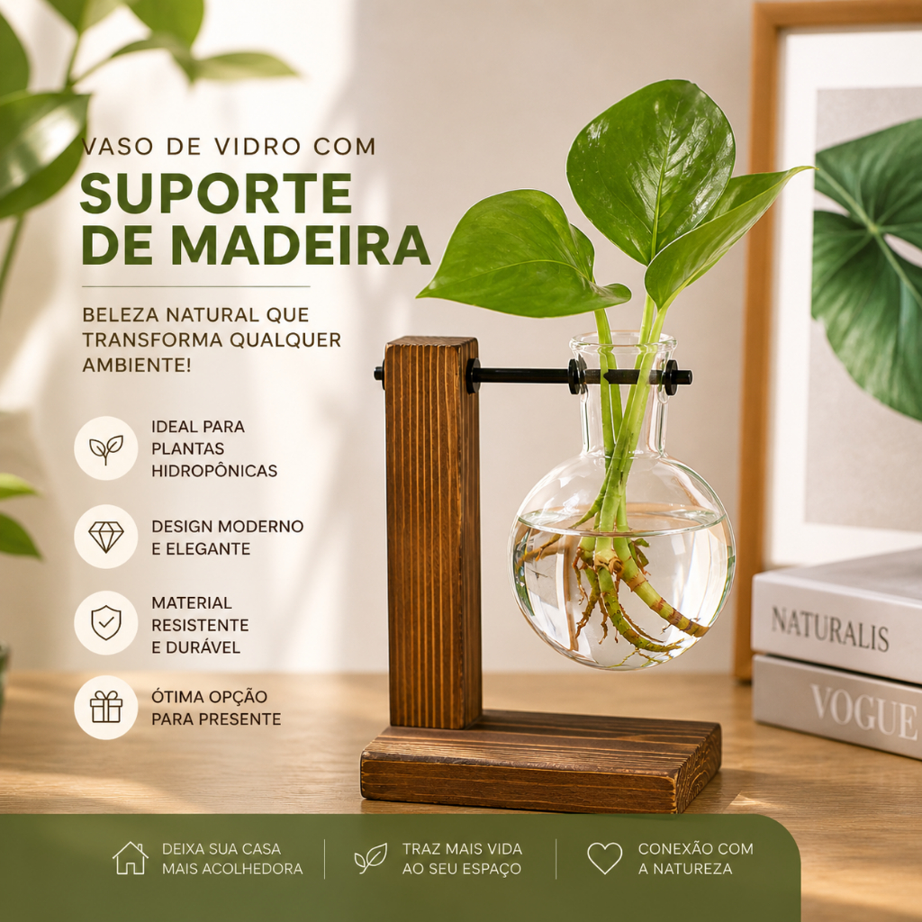 Vaso De Vidro C/suporte De Madeira Decoração Plantas e Flores Tipo A