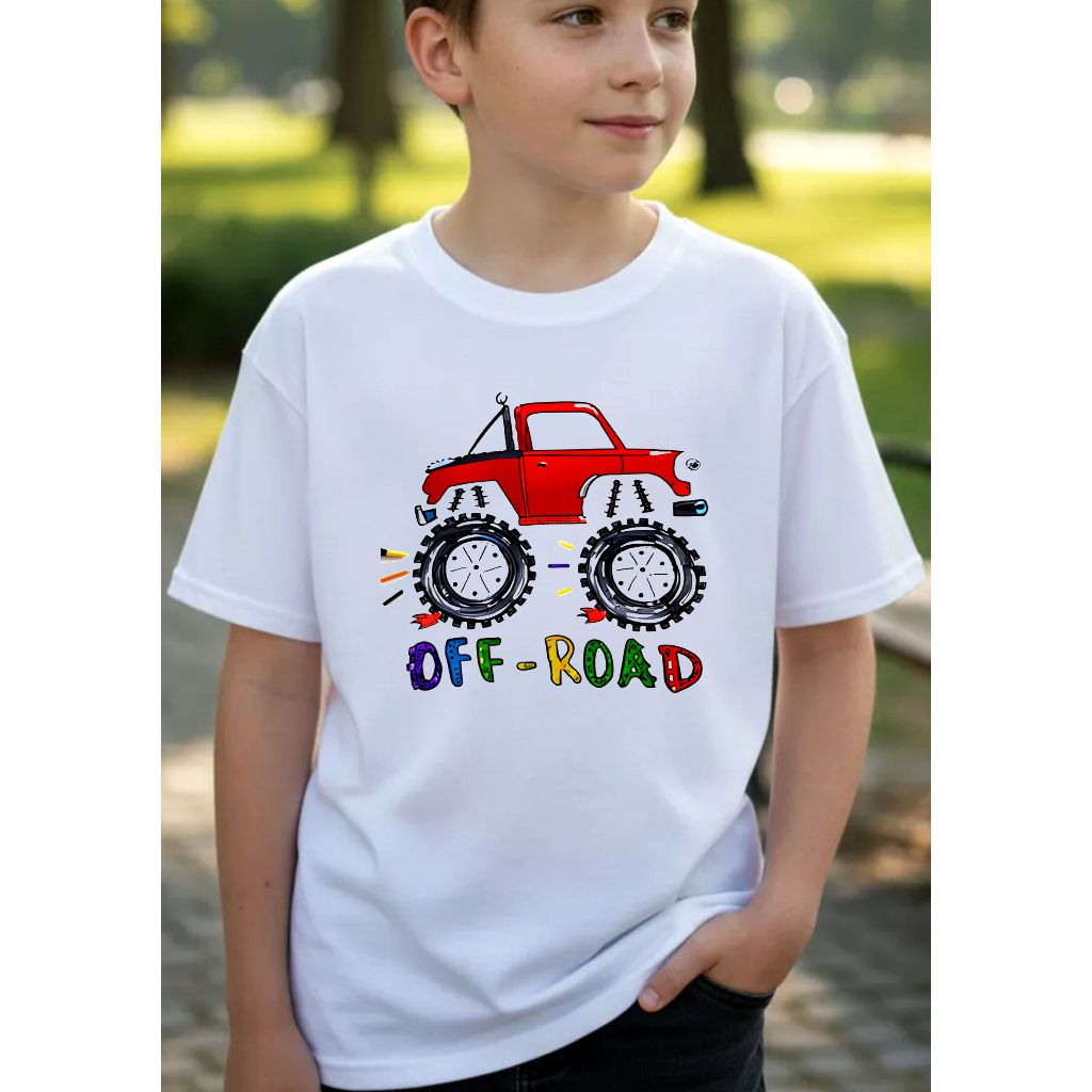 Camiseta Infantil Branca Com Estampa  - Carro Monster Truck Off-Road, Fora da Estrada