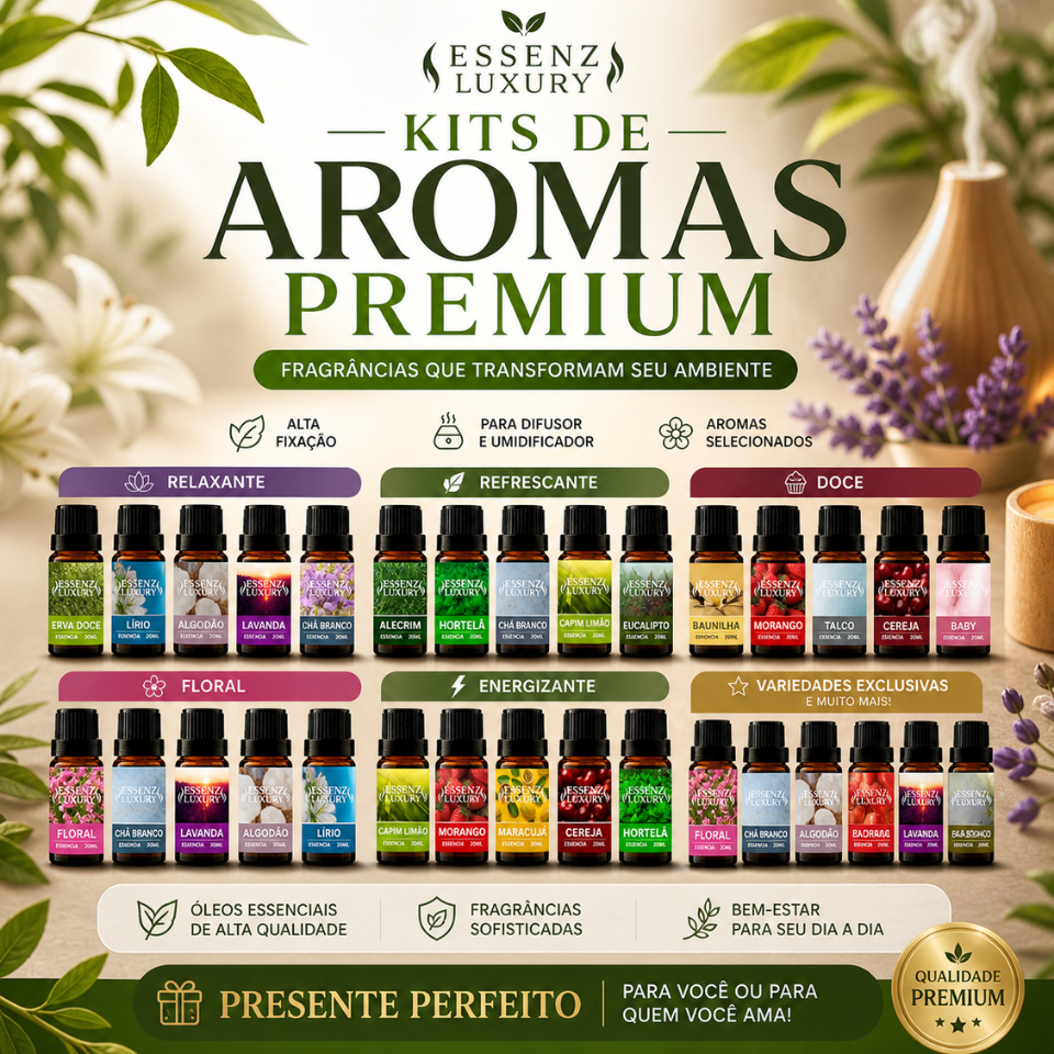 Kit 5 Essências Hidrossolúveis 20ml para Difusor e Umidificador Aromatizador de Ambiente - Luxury