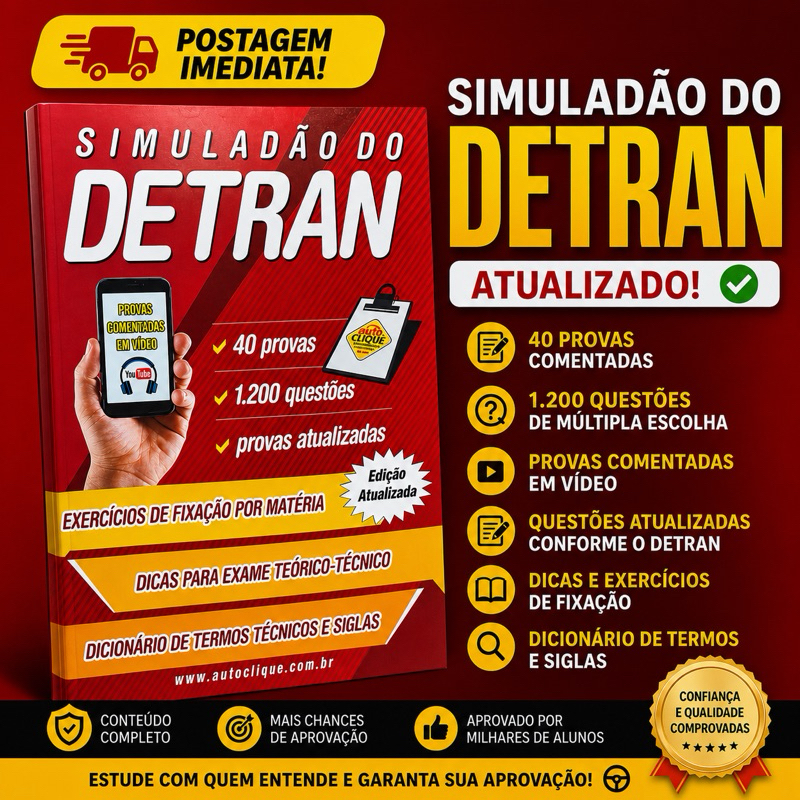 Simuladão DETRAN Completo 40 Provas 1200 Questões CNH Prova Teórica Atualizada 2026 Auto Clique
