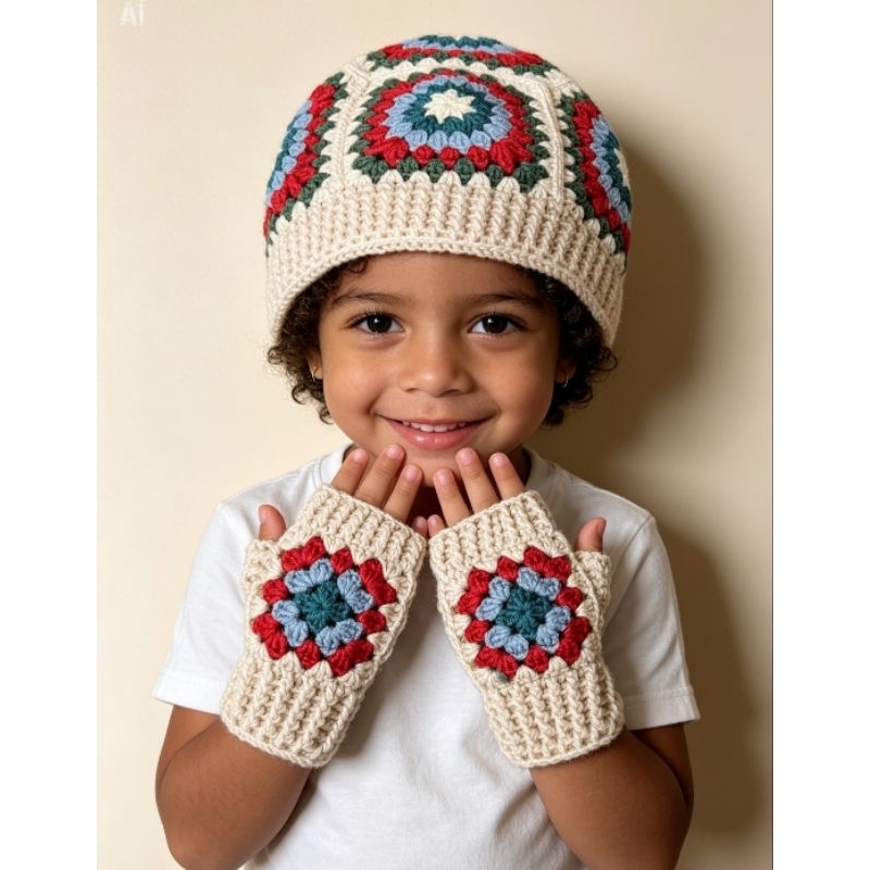 Gorro de crochê e luvas sem dedo de crochê Infantil