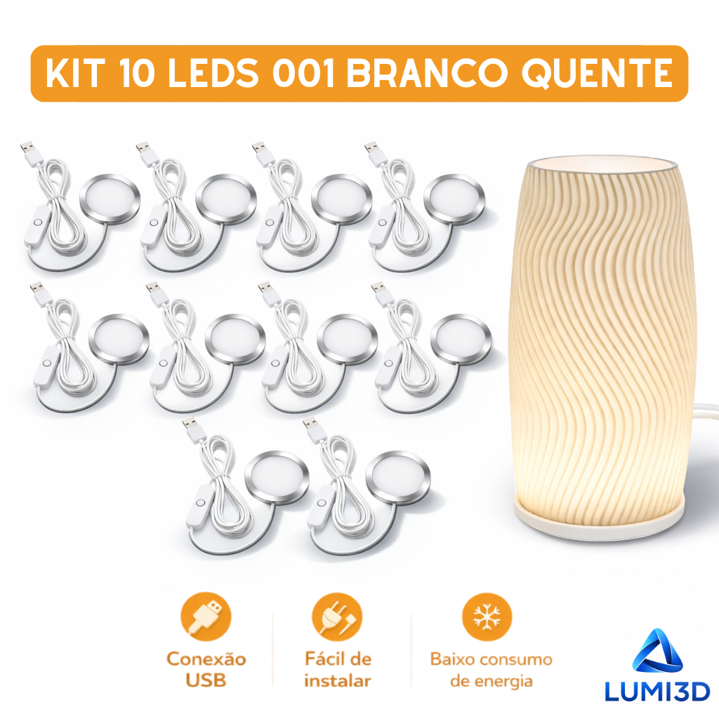 Kit 10x LED 001 Branco Quente USB 5V para Impressora 3D Bambu Lab Projeto DIY