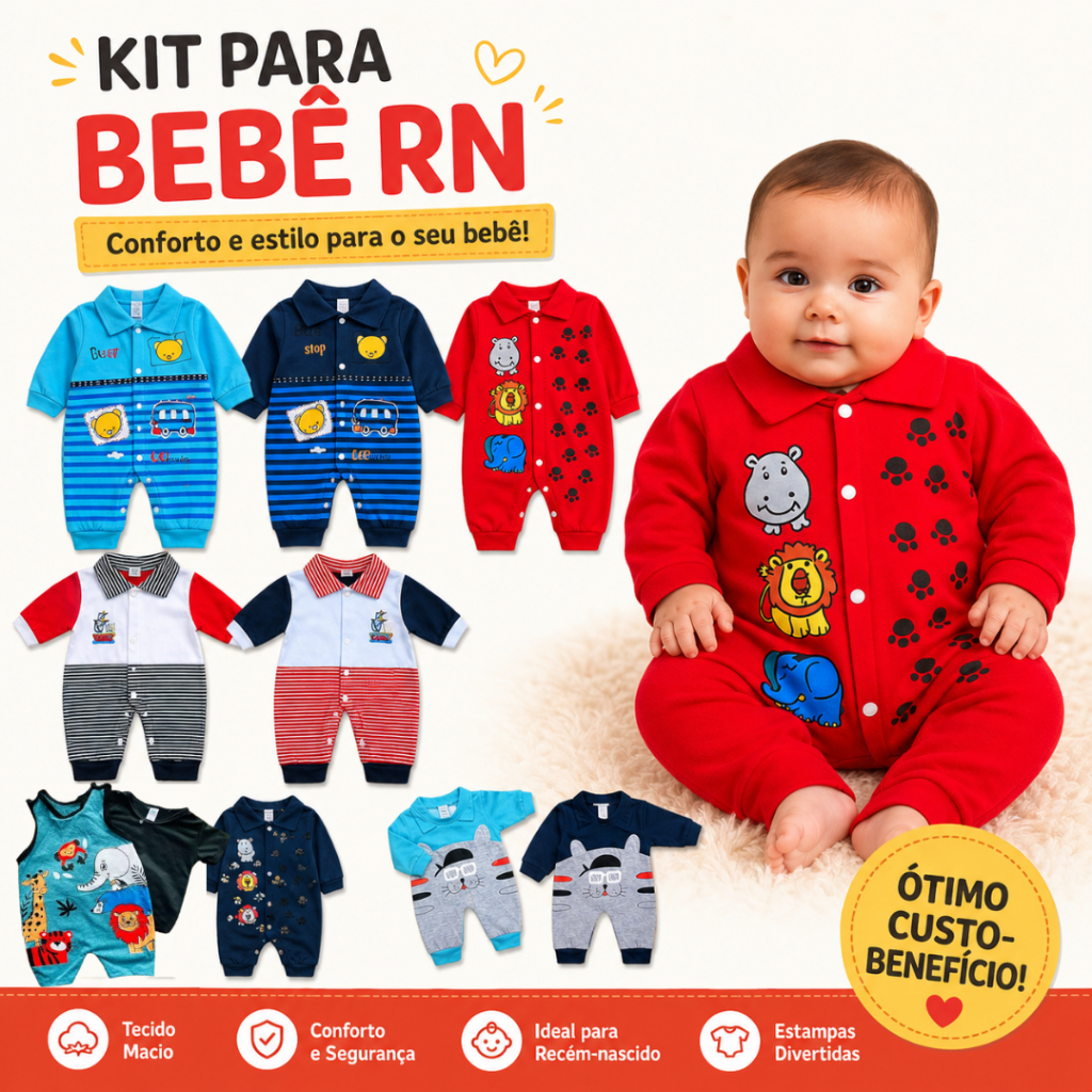 Kit 5 Macacões para Bebê Menino, Estampados, em Algodão, Confortáveis ​​e Macios - Sortido