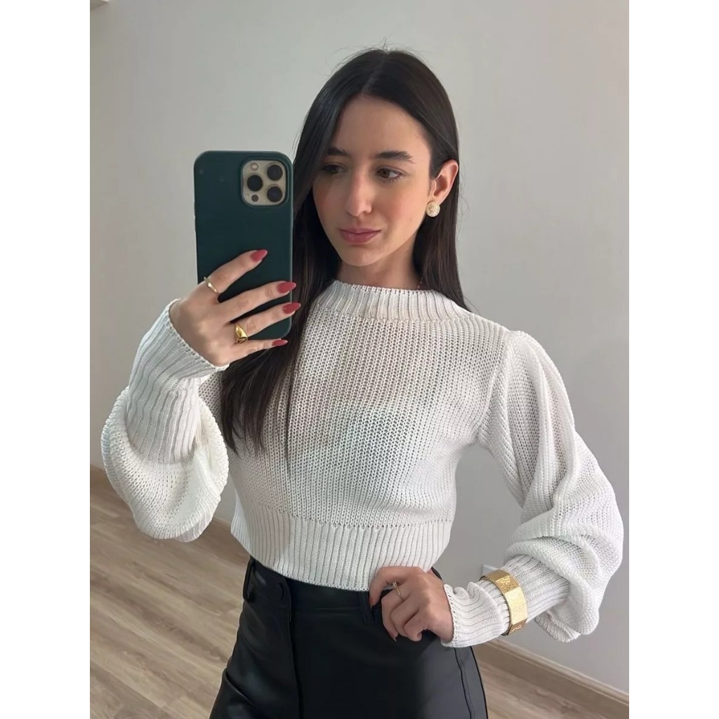 Blusa Cropped Feminina Manga Longa Bufante Tricot Básica Elegante Luxo Social Tricô Inverno