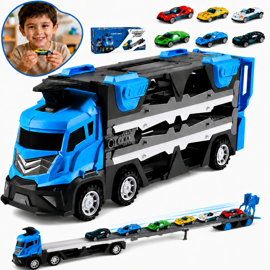 Caminhao Cegonha Vira Pista Grande Com Lancador Carreta Cegonheira Com 6 Carrinh
