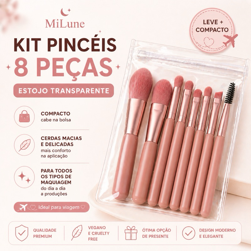 Kit Mini Pincéis Maquiagem 8 peças, Cerdas Sintéticas, Cores Variadas, Estojo Transparente