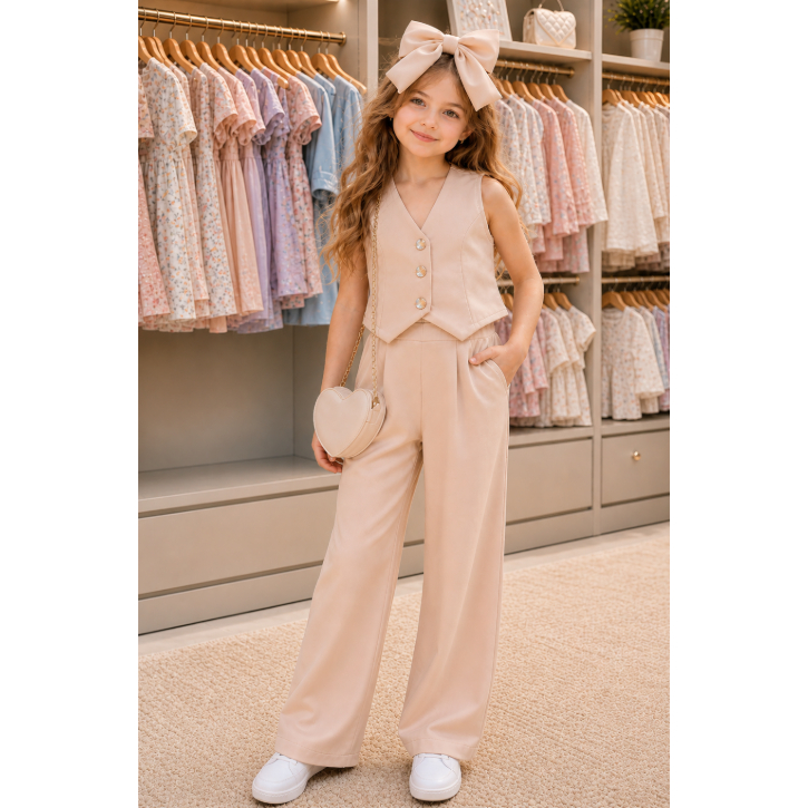 conjunto menina pantalona e colete infantil e juvenil do 4 ao 14