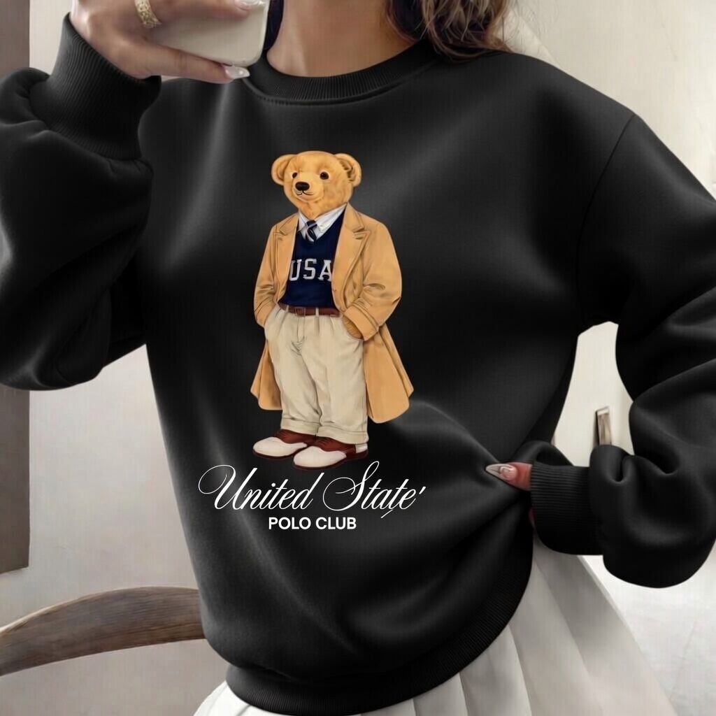 Moletom Gola Redonda Estampado Blusa de Frio Urso Bear United State Polo Club Blogueirinha Tendência