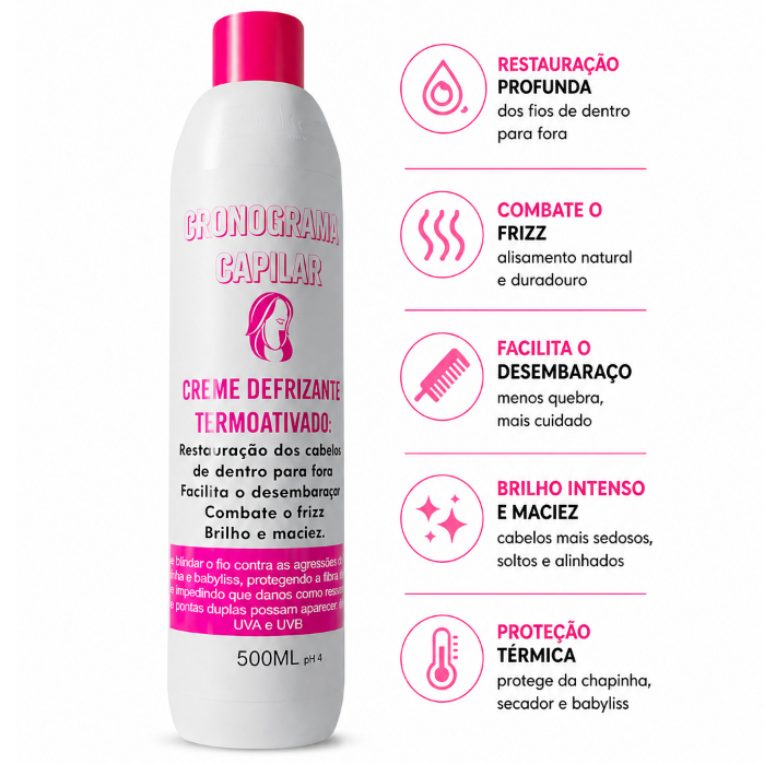 Defrizante Termoativado UVA e UVB  500ml Leave-in finalizador  facilitador de escova  Detra Cosmetic
