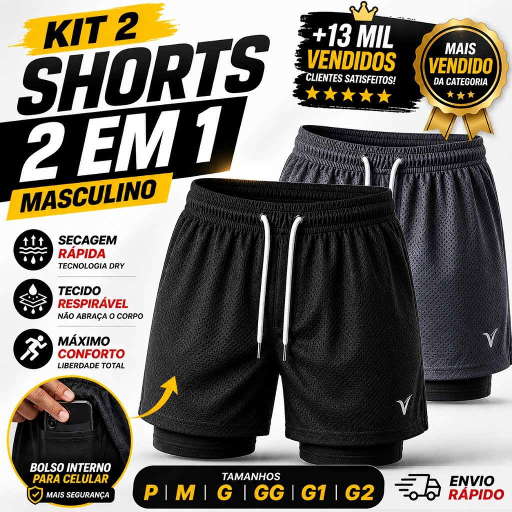 KIT 2 Shorts 2 em 1 DryFit VLS Original Elastano Academia Esporte Treino Masculino