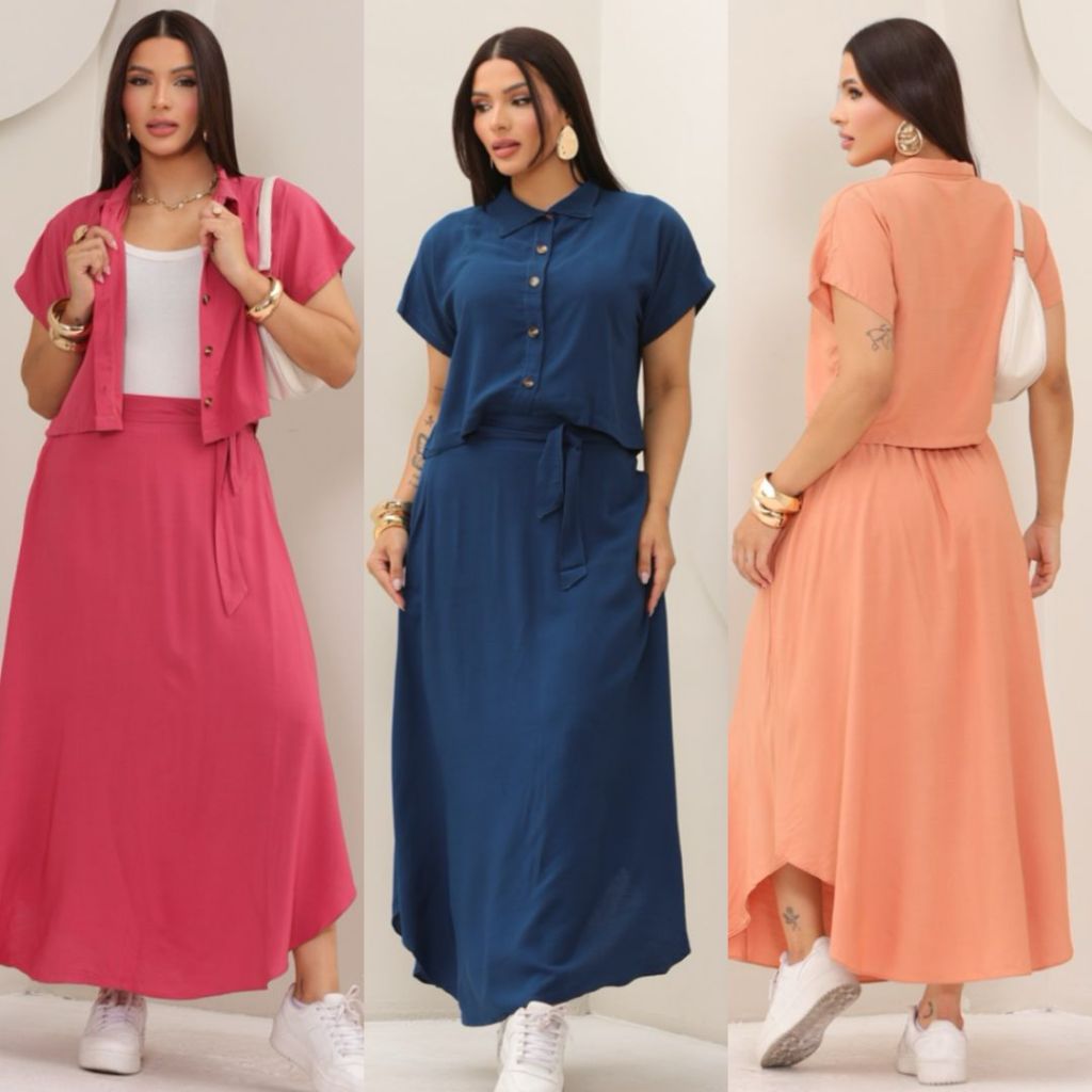 Conjunto Feminino Alfaiataria Cropped e Saia Longa com Fenda Moda Evangélica Elegante