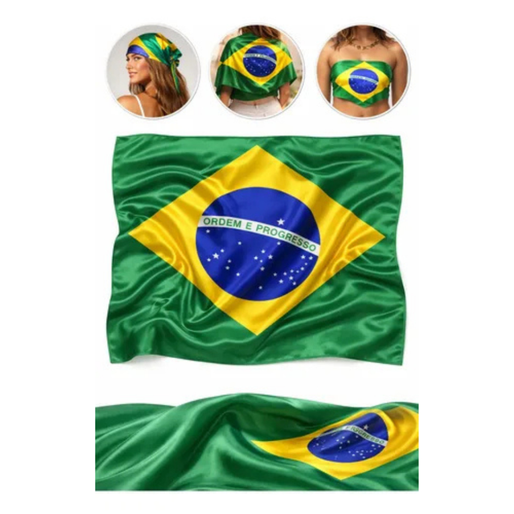 Lenço Cetim Seda Bandana Bandeira Do Brasil Copa Do Mundo Seleçao Brasileira Aerolook Tendencia Luxo Fashion Festas