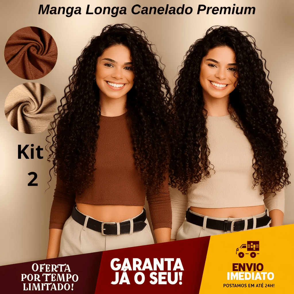 Kit 2 Cropped Manga Longa Canelado Algodão Inverno Ribana Canelada Croped Camisa Gola Redonda Manga cumprida Feminina