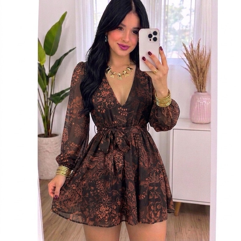 Vestido Macaquinho Chiffon Assimétrico Manga Longa Cintura Ajustável 38 ao 44 Festa Elegante