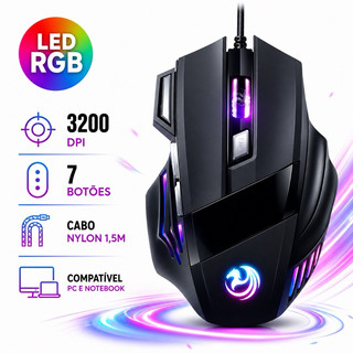 Mouse Gamer Laser 3200dpi 1400dpi Led Rgb Usb 7 Botões Fio USB 7D Extreme 7 Cores Profiss…