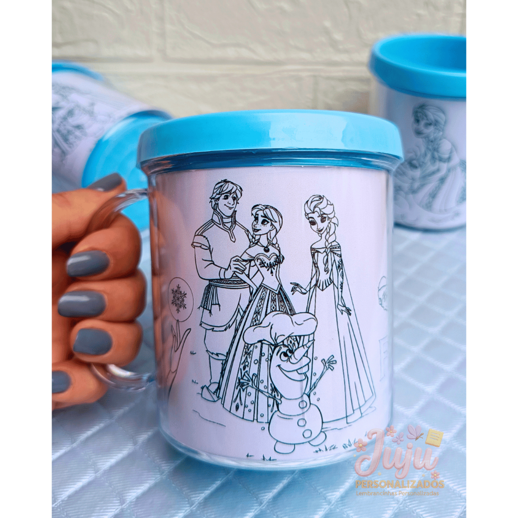 Caneca foto de acrílico rosqueavél com arte para colorir - Lembrancinha Festa Aniversário Infantil - Tema Frozen