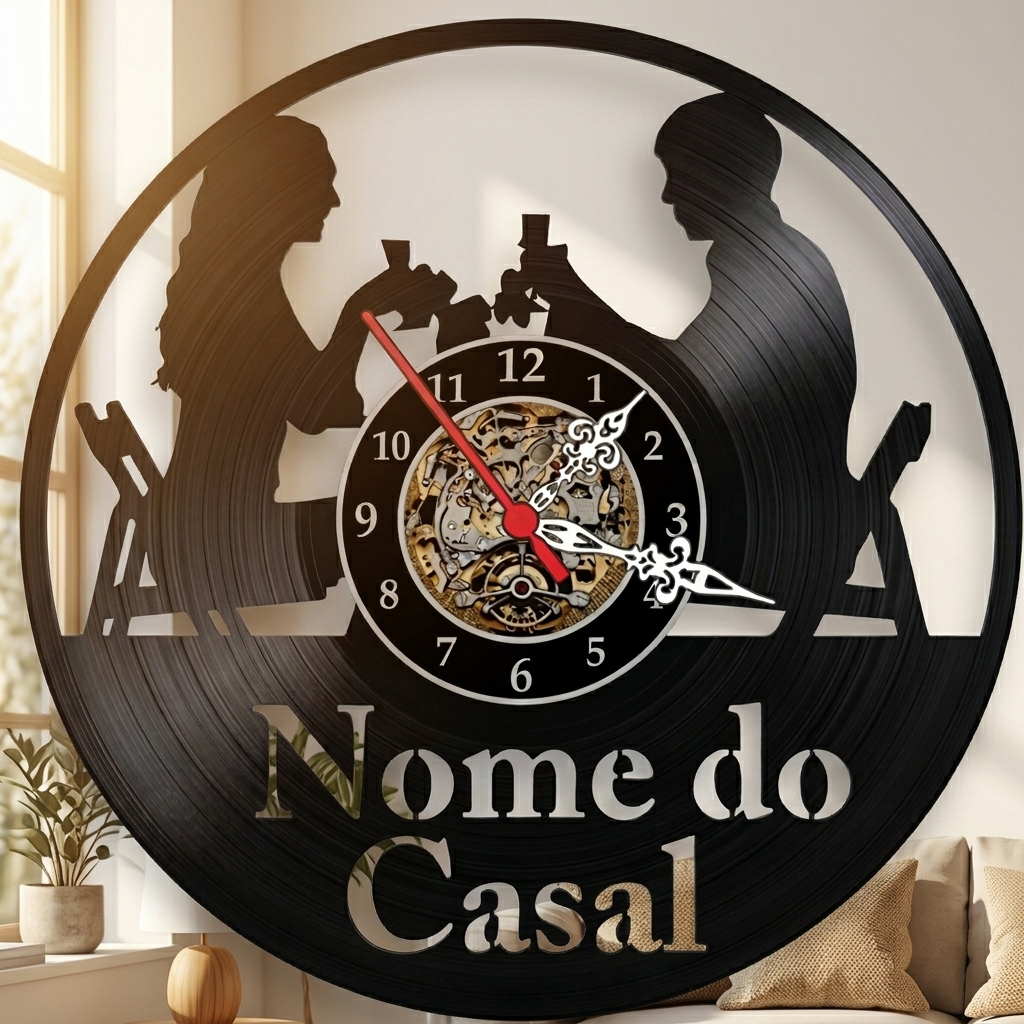 Relógio de Parede Personalizado Casal Jantando Nomes Dia Namorados Disco Vinil Lp iLustrado Presente