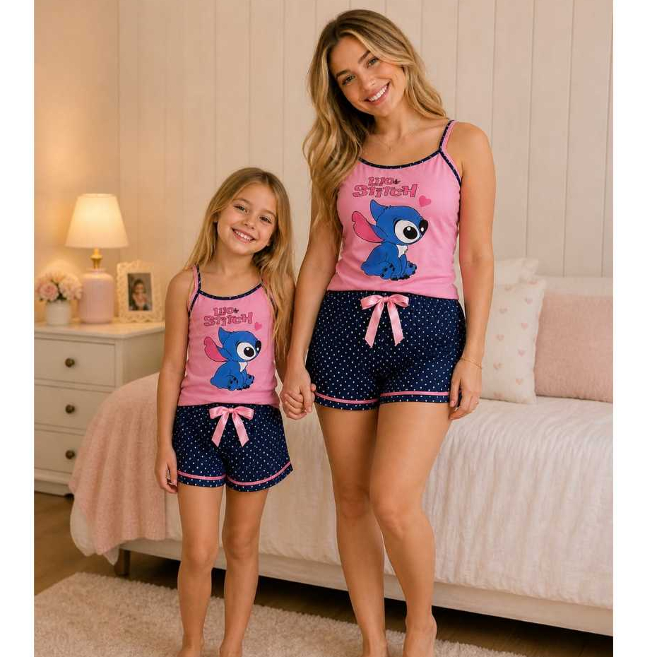 Kit 1 Short Doll Mãe + 1 Short Dool Filha Alcinha Blogueira Estampado Malha Tal Mãe Tal Filha Verão festa Stitch