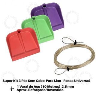 Kit 3 Pá de Lixo Plástica Sem Cabo + Varal de Aço 10m Reforçado Revestido NEW