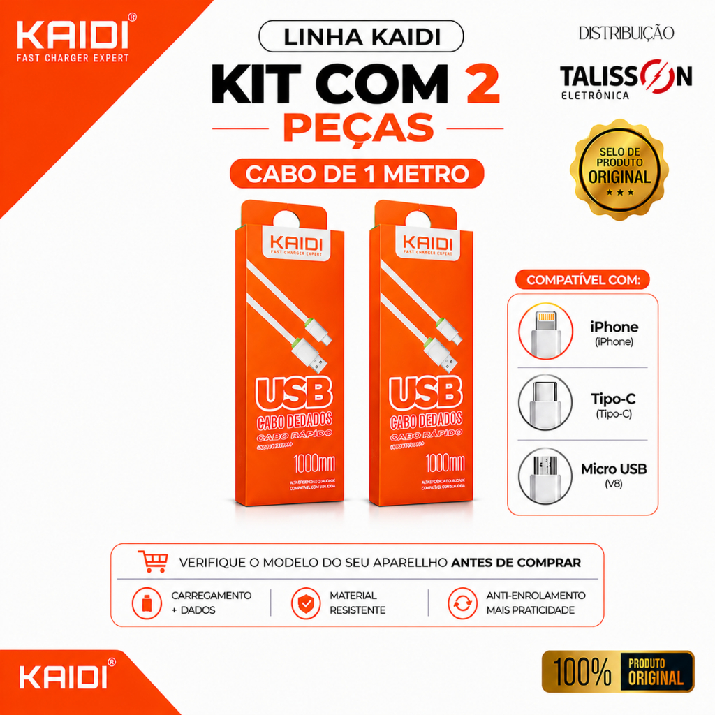 2 Cabos KAIDI KD-306 KD-305 TC-30 Carregamento Rápido Tipo-C V8 iPhone Melhor Custo