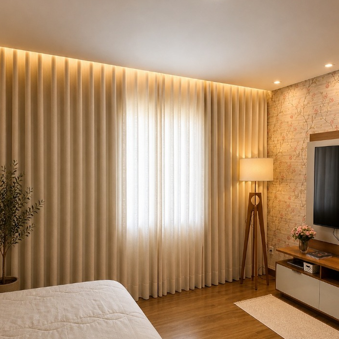Cortina Wave Trilho Suíço Sob Medida em Linho com Blackout 100% Vedação em Tecido Cortinas Premium