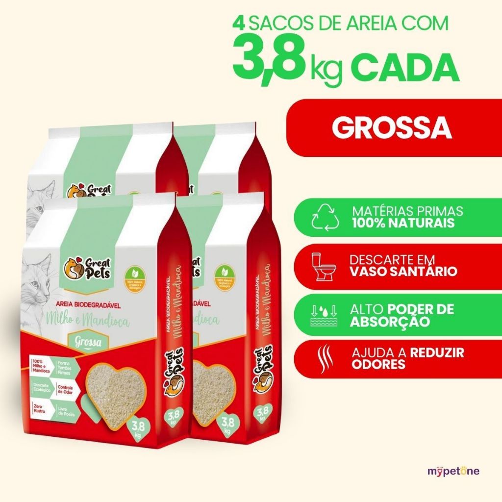 Kit 4 Areia Biodegradável 3,8 Kg Gossa para Gatos - Great Pets