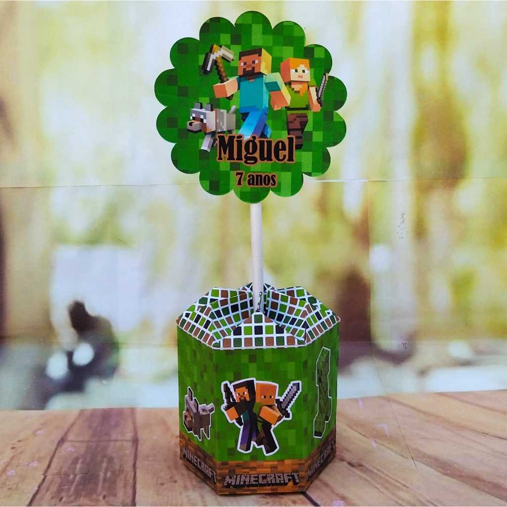 Centro de Mesa Minecraft Personalizado c/ Nome e Idade | Lembrancinha Festa Infantil | Pegue e Monte