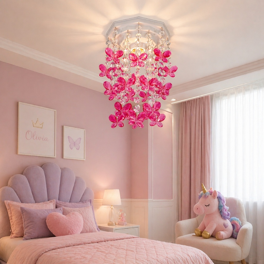 Luminária para Quarto Infantil Feminino Lustre Quartinho de Bebê Tema Borboletas Rosa Plafon Iluminação Decorativa