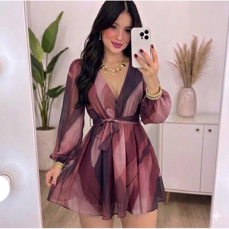 Vestido Macaquinho Chiffon Assimétrico Manga Longa Cintura Ajustável 38 ao 44 Festa Elegante