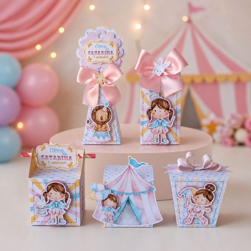 ENVIO RÁPIDO Kit Caixinhas Personalizadas Circo Rosa - Lembrancinhas Aniversário Menina SEMI MONTADO
