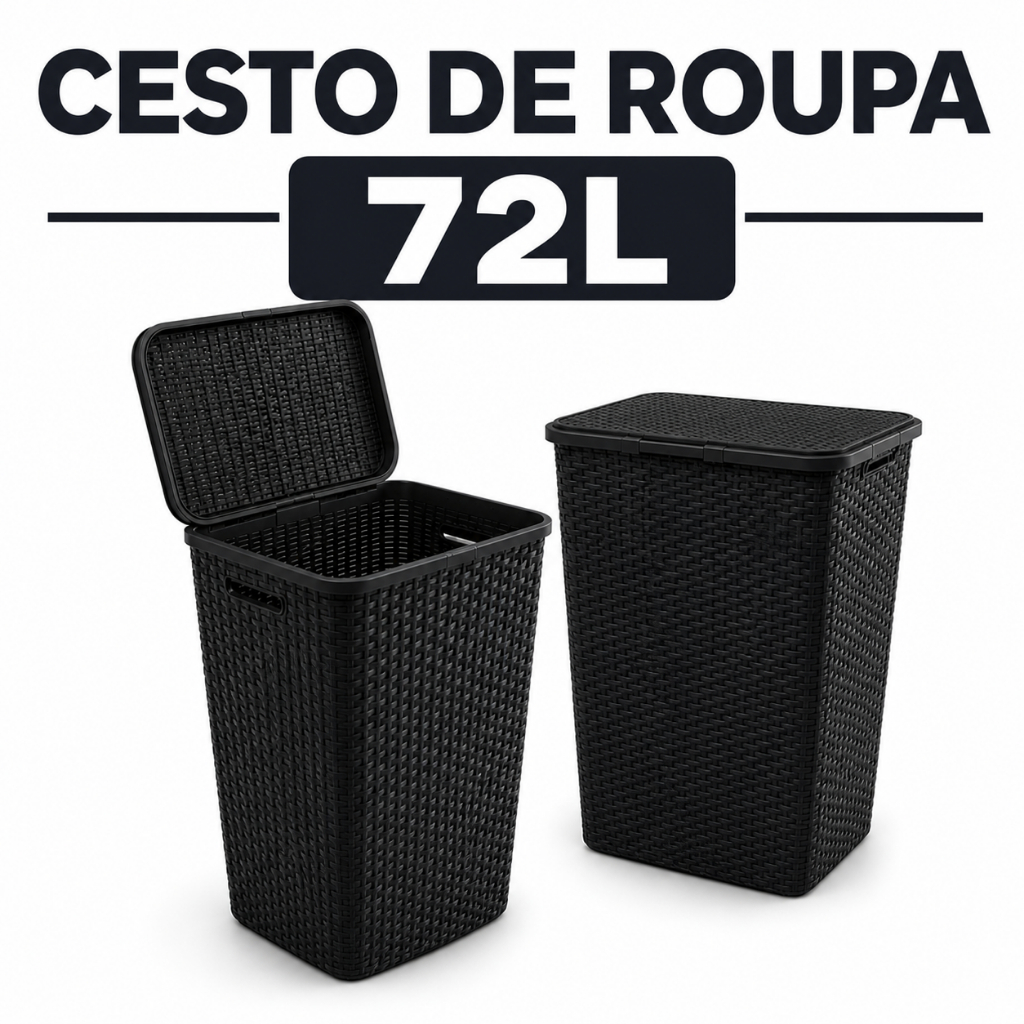 Cesto Roupa Suja 72L Rattan Grande com Tampa Organizador Lavanderia Banheiro Quarto Plástico Resistente Família