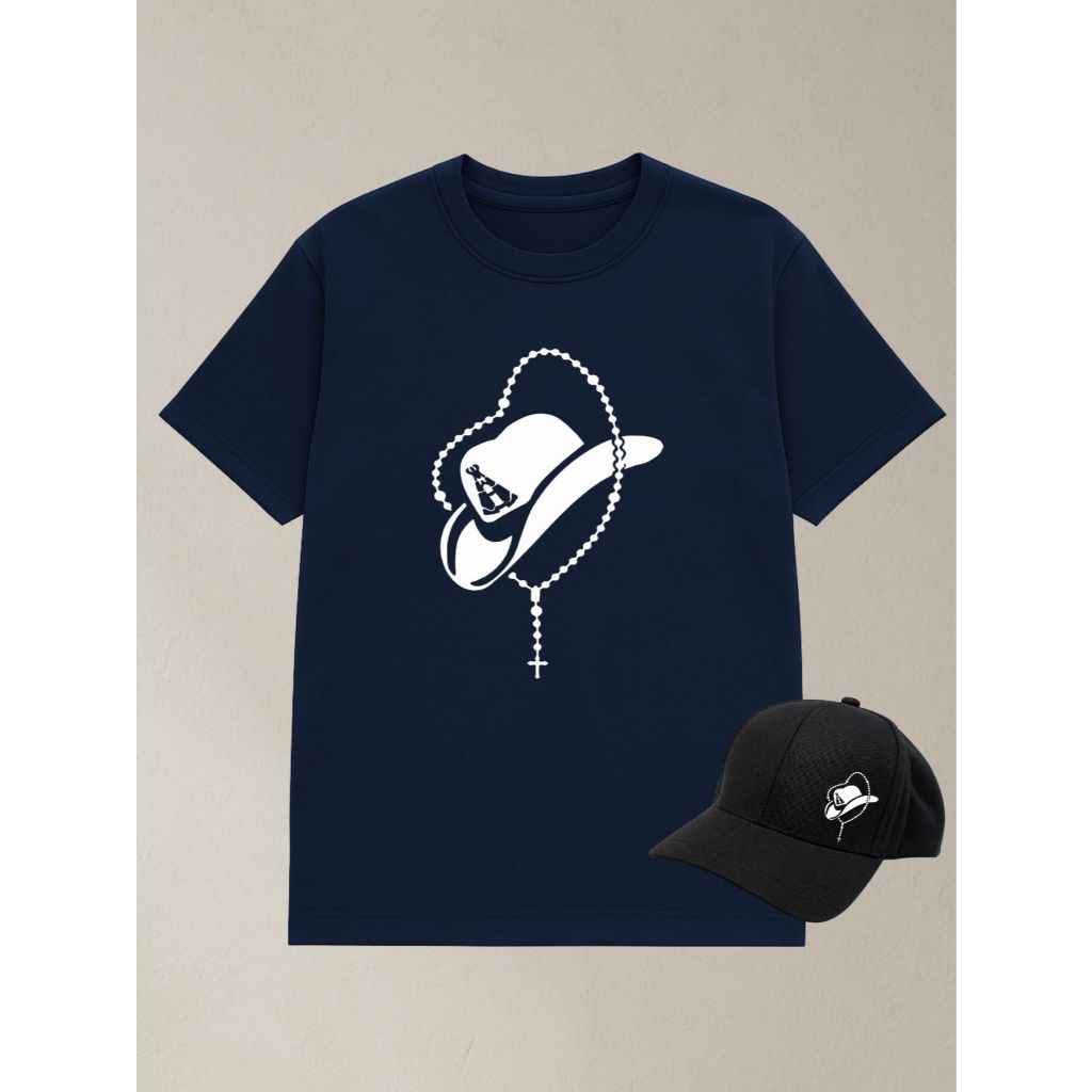 Camiseta 100% Algodão Estampa Country Chapéu Terço Nossa Senhora Agro Rodeio + Boné