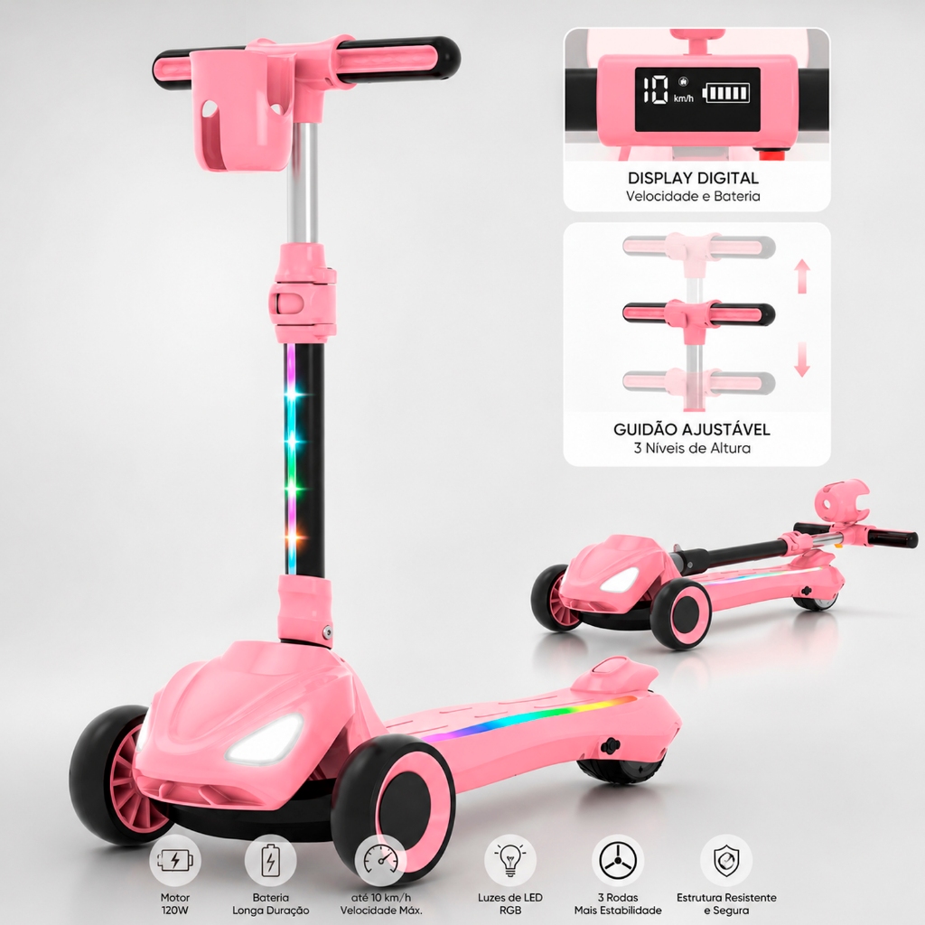 Patinete Elétrico Infantil Dobrável Altura Ajustável Com Led Scooter 3 Rodas