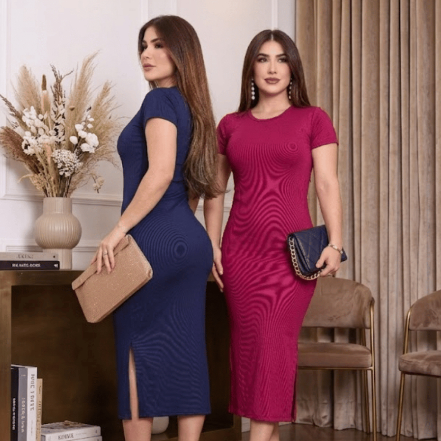 Kit 2 Vestidos Tubinho Feminino Midi Ajustado ao Corpo Com Abertura na Lateral Confortável Luxo