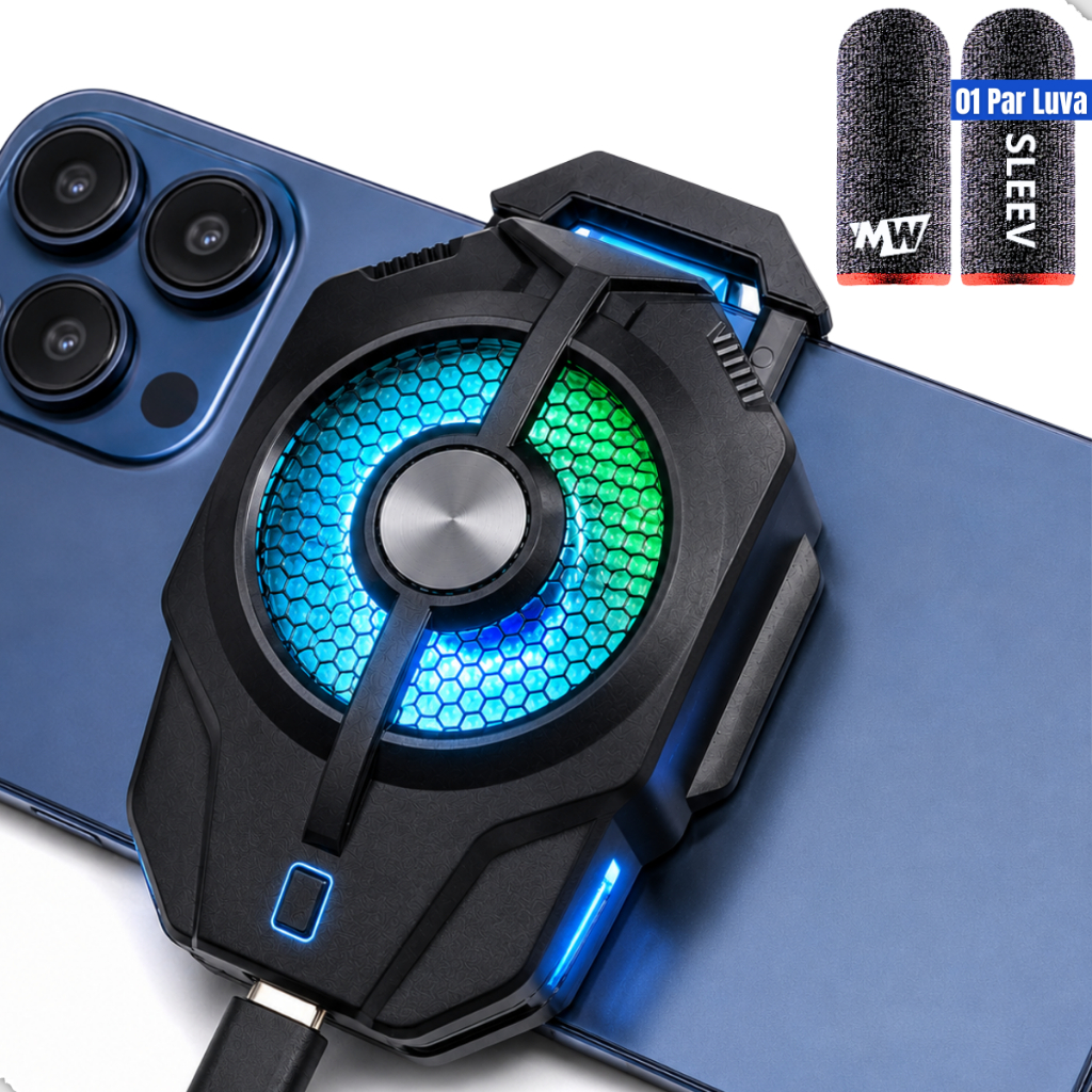 Cooler Resfriador Celular Gamer Placa Peltier RGB + Luvinha Dedo MW Anti-Suor Jogar free fire Pubg