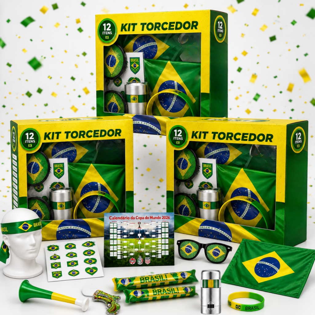 3 Kits Copa do Mundo 2026 Torcedor de Futebol Brasil 12 Itens Bandeira Comemoração Acessórios