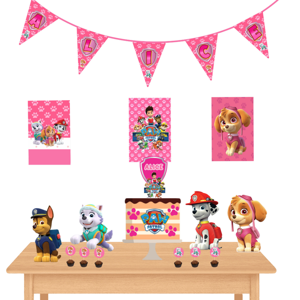 KIT FESTA EM CASA DECORAÇÃO PATRULHA CANINA ROSA SÓ UM BOLINHO/MESVERSÁRIOFAZEMOS TODOS OS TEMAS (NOS PERGUNTE NO CHAT)