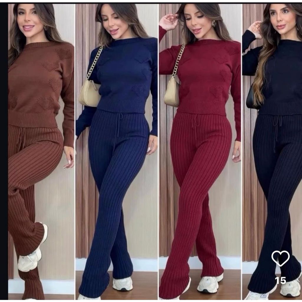 Conjunto Coração Feminino Manga Longa Tricot Moda Feminina Casual Urbano Festa Confortavel