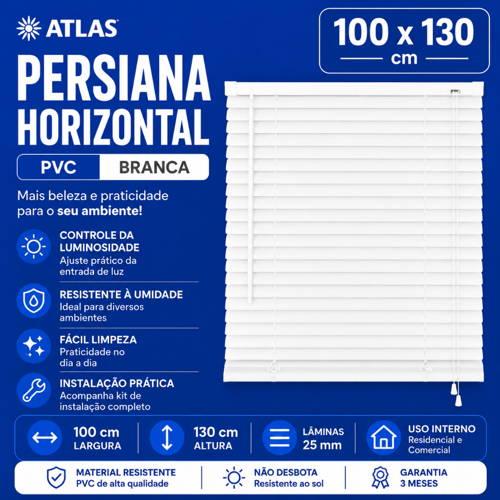 Cortina Persiana Horizontal Plástico PVC 100X130cm Branca Atlas