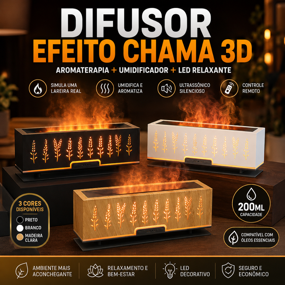 Umidificador Difusor Ultrassônico Efeito Chama 3D Aromatizador Simula Lareira LED Controle Remoto Difusor 200ml