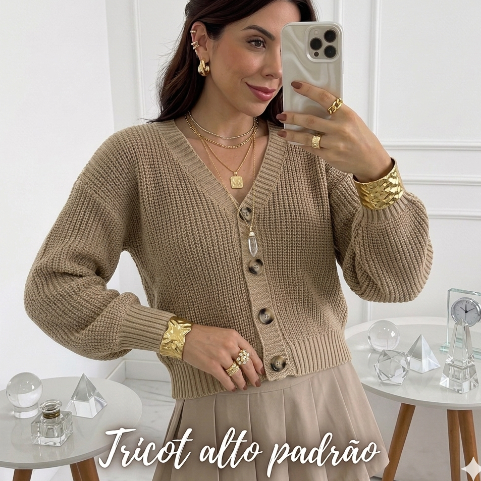 Cardigan Feminino Casaquinho Tricô Gola Decote V Básico Com Botões Frontais Moda Elegante